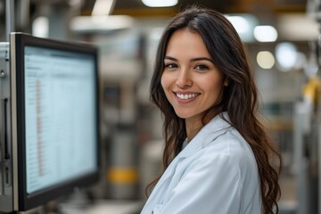 Naklejka premium A smiling female scientist confidently poses in a lab setting, working on a computer.