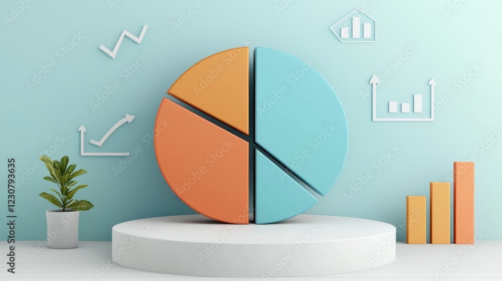 Poster pastel geometric 3d pie chart and bar graph data visualization on minimal cyan background