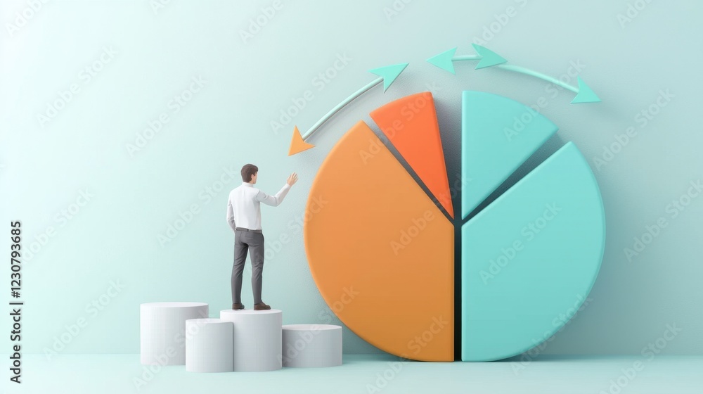 Poster businessman standing on colorful pie chart graph analyzing business data and financial metrics for s