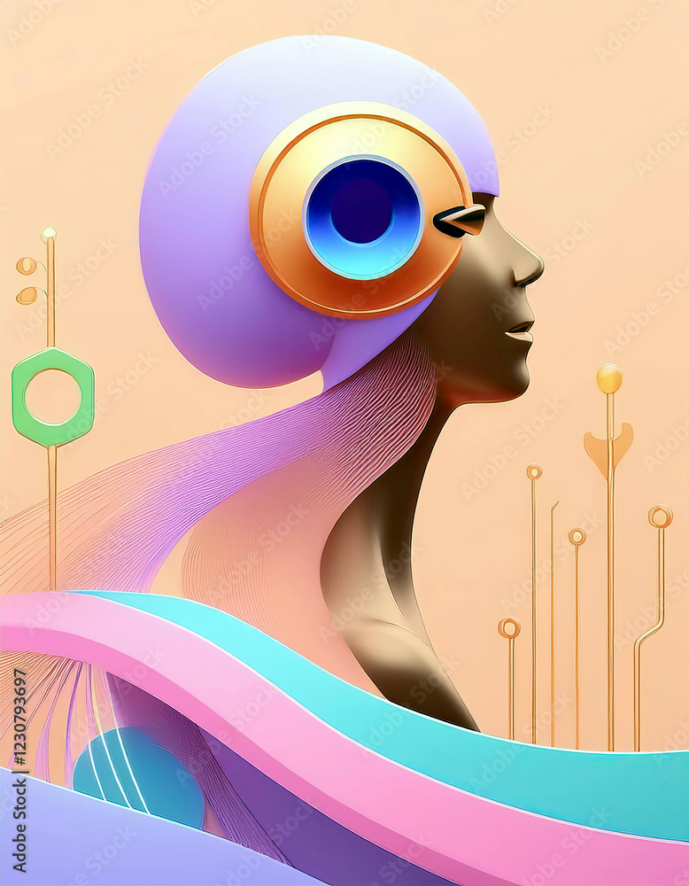 Poster Abstract Representation of a Futuristic Woman With Colorful Elements and Flowing Lines