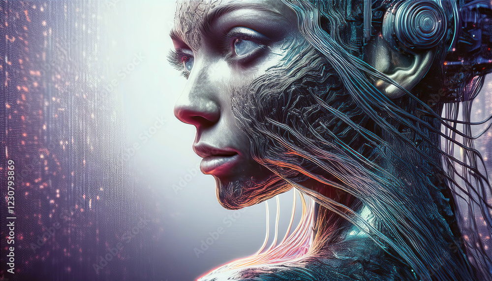 Aufkleber Futuristic Humanoid Figure With Intricate Circuitry and Glowing Features in a Digital Environment