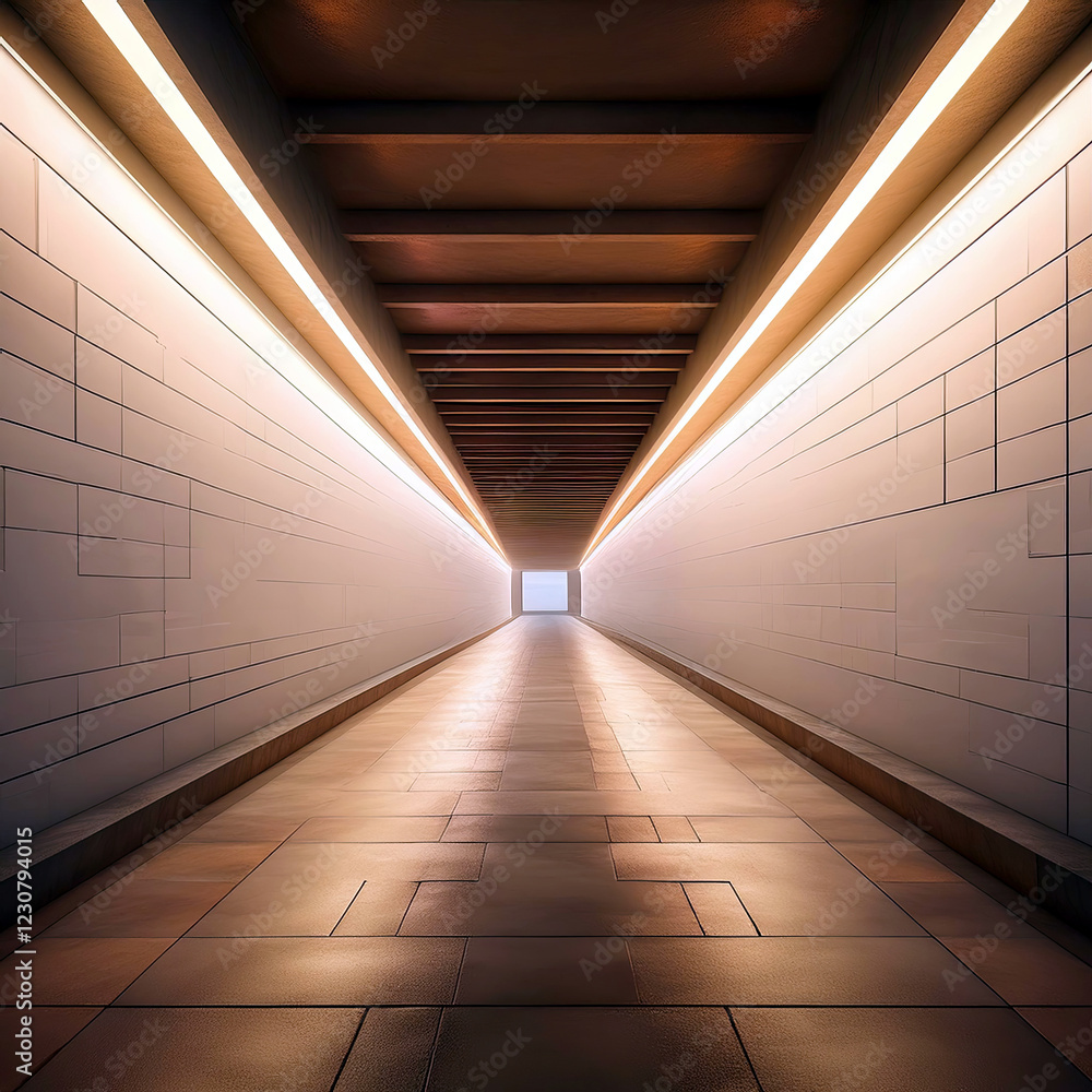 Poster light-filled corridor inviting exploration with warm tones and smooth surfaces