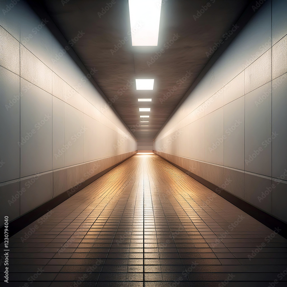 Poster Mysterious Corridor Illuminated by Soft Light in a Modern Architectural Space