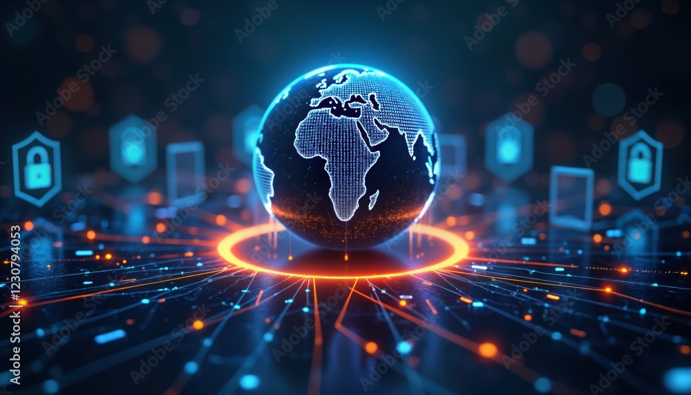 Poster global internet security concept. glowing globe surrounded by protective digital shields on dark cyb