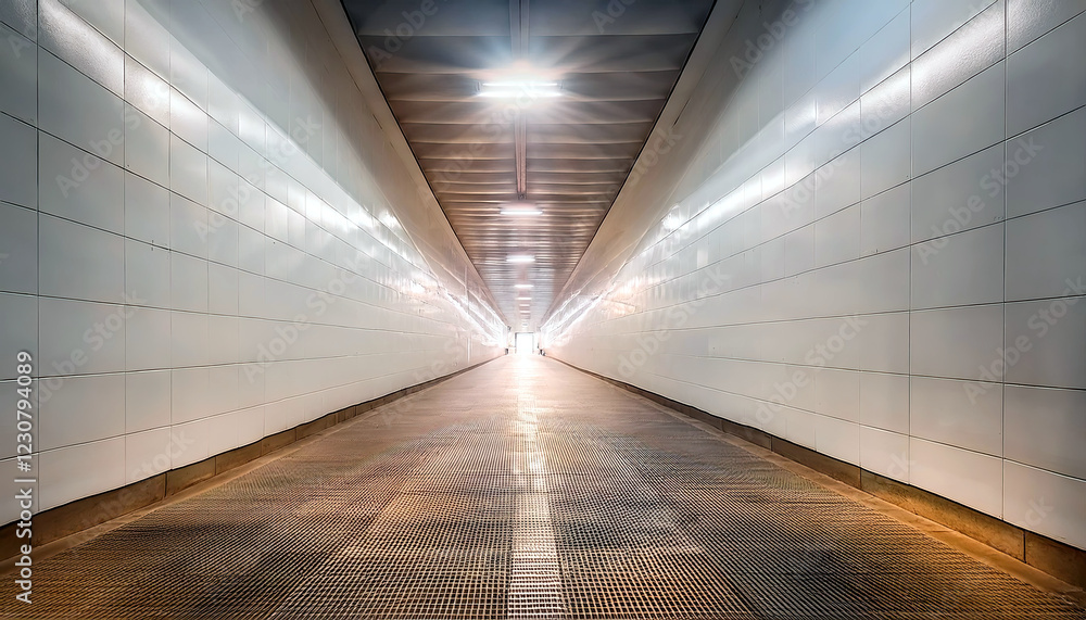 Poster Light Spills Through a Long Corridor Creating an Atmosphere of Hope and Mystery in an Urban Setting