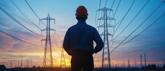 Person in Safety Helmet Observing Power Lines Against Sunset Background with Vibrant Sky Colors