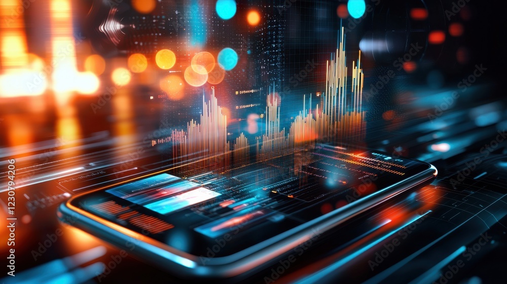Poster futuristic digital data display with charts and graphs on smartphone screen