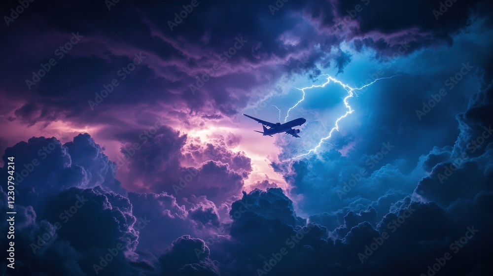 Poster Airplane navigates through intense stormy clouds with flashes of lightning in the sky. Generative AI