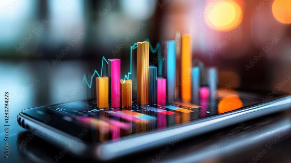 Poster smartphone displaying vibrant financial data analytics charts and graphs