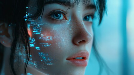 Pensive Young Woman with Futuristic Digital Overlay