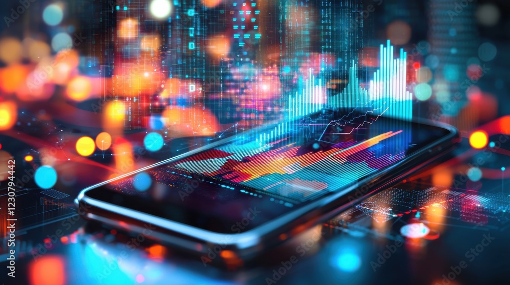 Poster smartphone displaying futuristic financial data visualization with glowing lights and colors