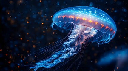 A jellyfish is floating in the water with a blue and orange glow