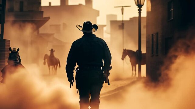 Amid a hazy sunset, a solitary gunslinger strides through a dust-filled street, gripping his weapon. The silhouette reveals a tense atmosphere, evoking the essence of classic Western tales.