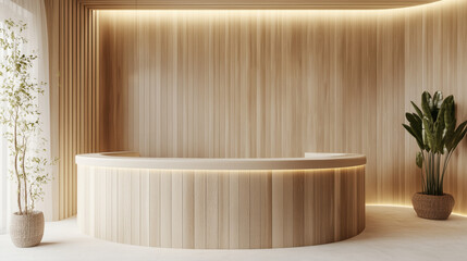 spa reception with elegant spruce wood cladding, soft lighting accentuating the wood's natural grain 