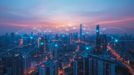 Fototapeta premium Abstract business man stands on Smart digital Innovation city with connection network reciprocity over the twilight cityscape. of future wireless digital city and social media networking systems