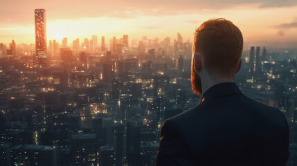 Fototapeta premium Abstract business man stands on Smart digital Innovation city with connection network reciprocity over the twilight cityscape. of future wireless digital city and social media networking systems