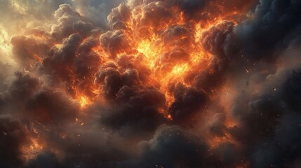 Fototapeta premium Fiery explosion within dark storm clouds, apocalyptic scene.