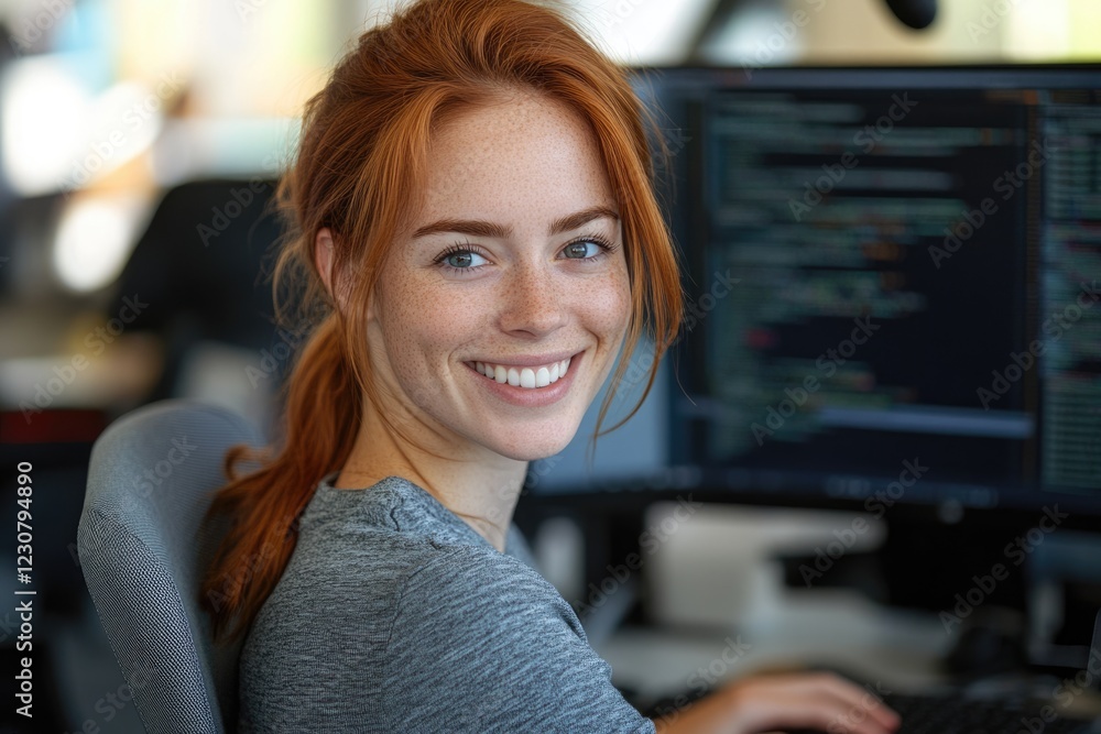 Poster a smiling redhead woman programmer sits at her desk, working on code.