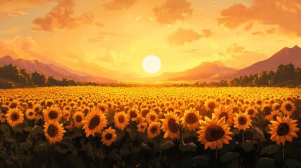 Sunflowers at Sunset, Golden Hour Field Panorama