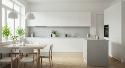 Modern minimalist kitchen with indoor plants and natural lighting