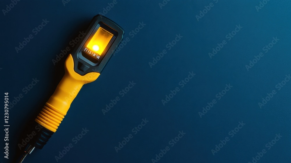 Poster a digital multimeter with a built-in flashlight on a dark matte blue background.