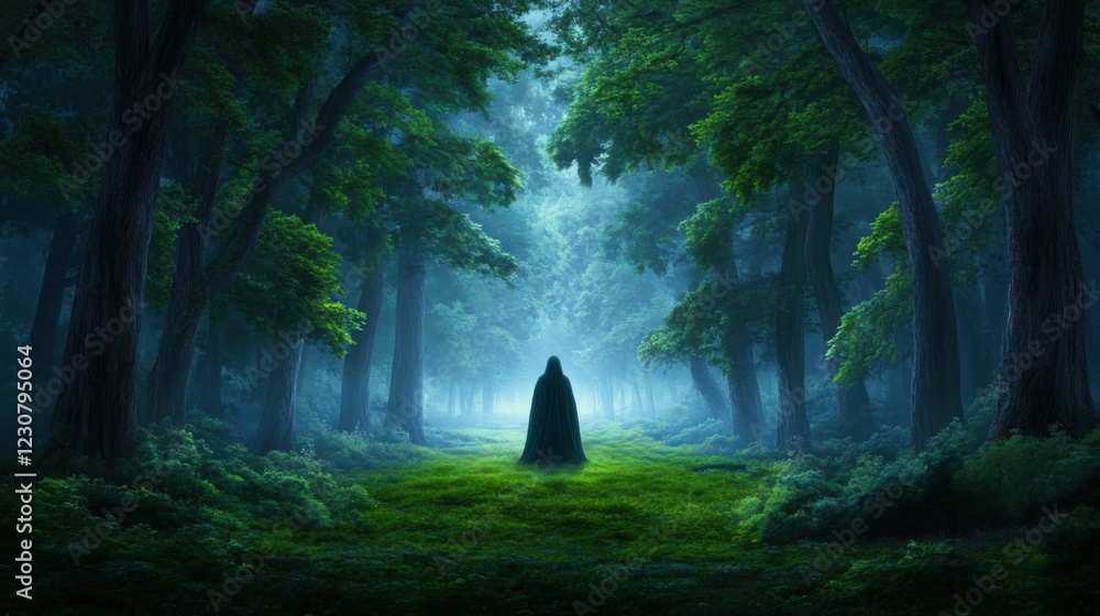 Poster mysterious figure in enchanted forest surrounded by lush green trees and soft misty light