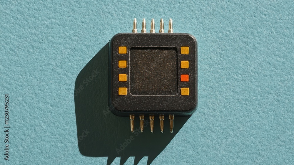 Poster a digital transistor with built-in resistors, positioned on a deep azure blue background.