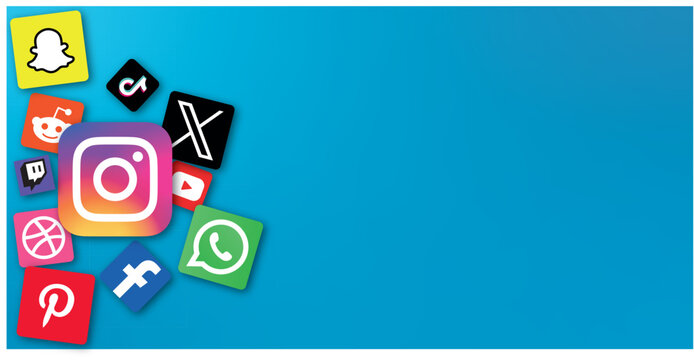 Facebook, Instagram, X, YouTube icons and logos. Social media concepts with shadow and blue backgraund
