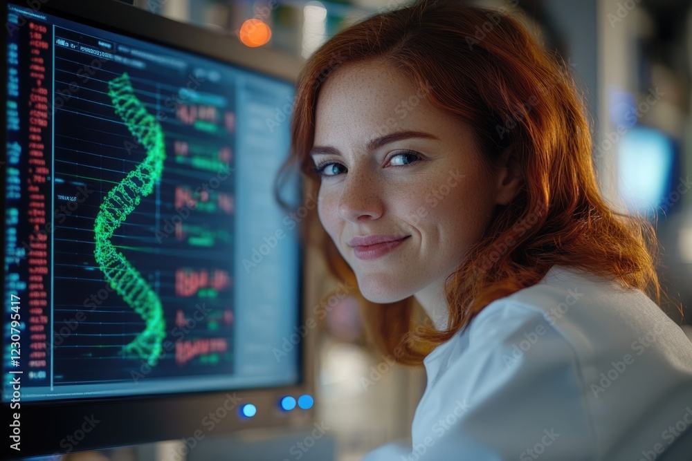 Aufkleber a female scientist smiles confidently while reviewing dna data on a computer screen in a laboratory 