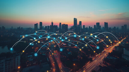 Fototapeta premium Abstract business man stands on Smart digital Innovation city with connection network reciprocity over the twilight cityscape. of future wireless digital city and social media networking systems
