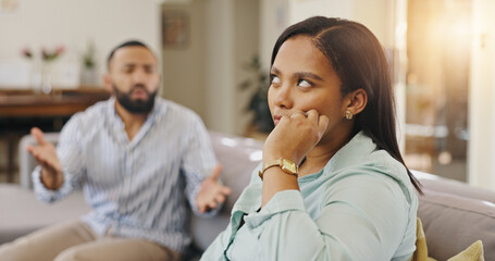 Woman, frustration and couple fighting in home, roll eyes and argument on toxic relationship....