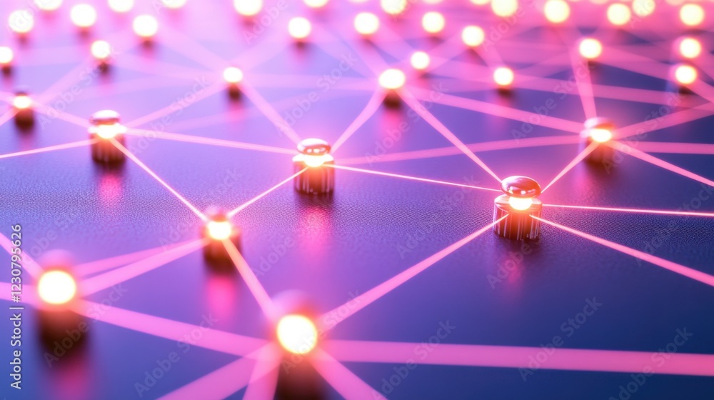 Poster a futuristic resistor array with glowing circuit connections on a neon magenta background.