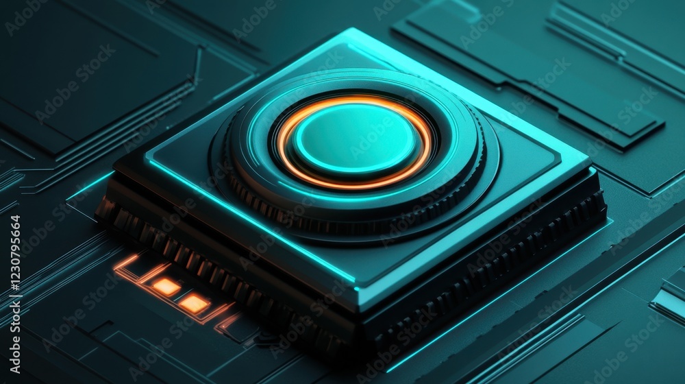 Poster a futuristic smart resistor with ai-driven adjustment capability on a dark teal background.