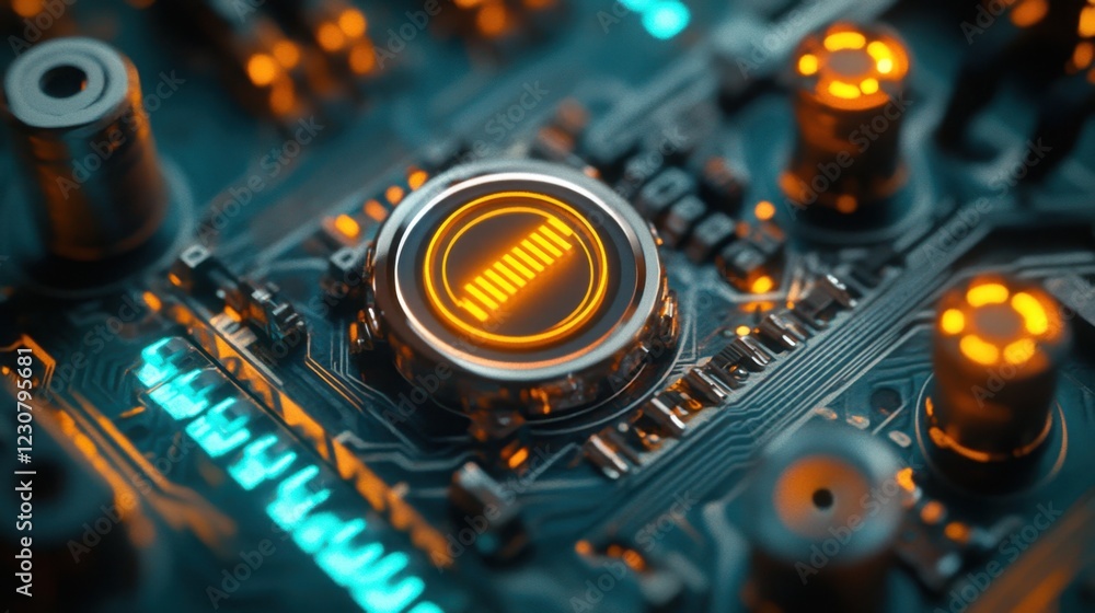 Aufkleber a futuristic smart resistor with ai-driven adjustment capability on a dark teal background.