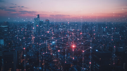 Fototapeta premium Abstract business man stands on Smart digital Innovation city with connection network reciprocity over the twilight cityscape. of future wireless digital city and social media networking systems