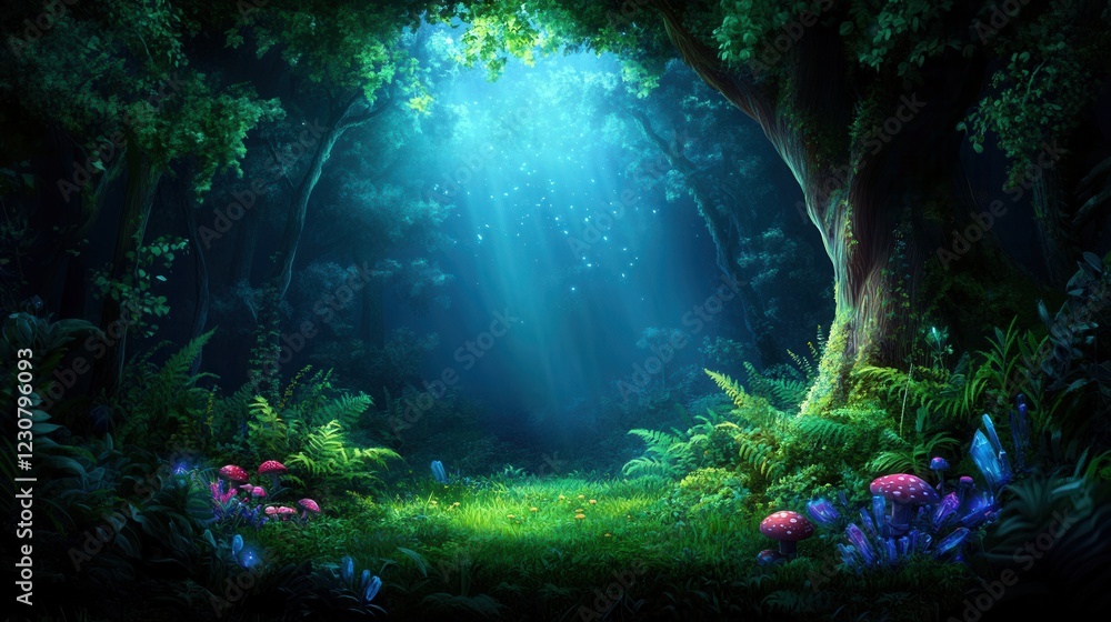 Poster enchanting fantasy forest with soft light shining through lush trees and vibrant flora and mystical 