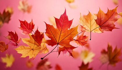 Vibrant autumn maple leaves in warm, fall colors float against a soft pink backdrop. Perfect for seasonal designs, greeting cards, or fall-themed marketing materials.