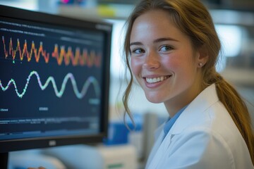 A smiling female scientist analyzes data displayed on a computer screen, showcasing scientific research and technological advancements.