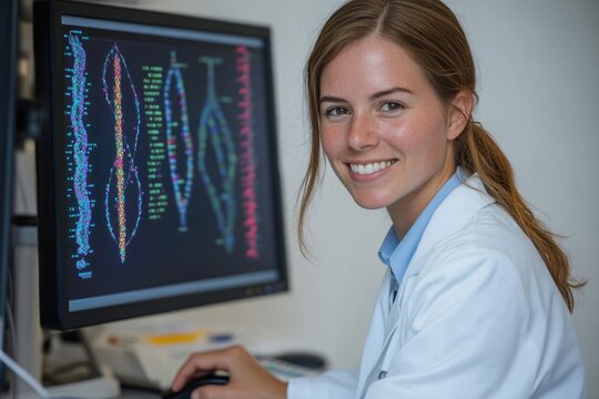 A female scientist smiles while working on a computer showing DNA analysis.