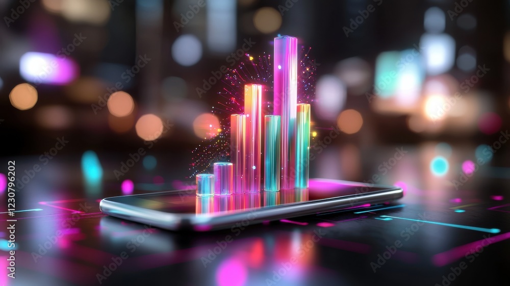 Poster futuristic 3d holographic data visualization on transparent mobile device screen with neon color glo
