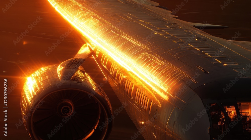 Poster airplane wing illuminated by sunset casts warm glow over engine during flight. generative ai