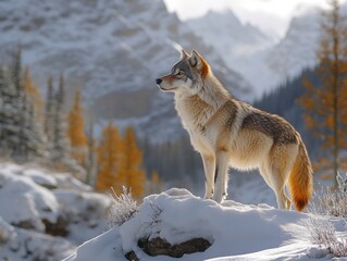 Obraz premium Majestic wolf stands on snowy ridge against a backdrop of snowy mountains and trees