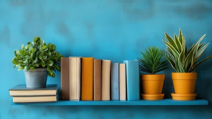 Colorful books and plants transitioning on a floating shelf