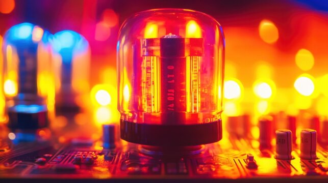 A large bipolar junction transistor BJT mounted on a circuit board, shown on a bright neon yellow background.