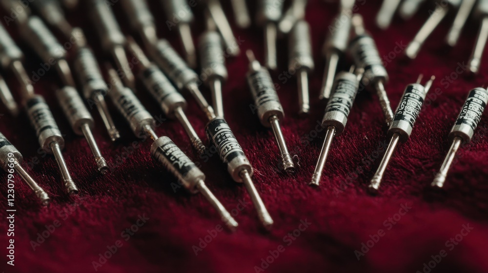 Poster a macro shot of transistor terminals with electronic signals simulated on a deep maroon background.
