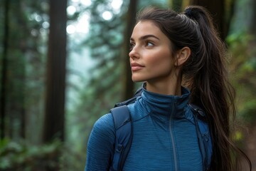 A young woman with long hair looks out at a lush forest, wearing a blue jacket and backpack.