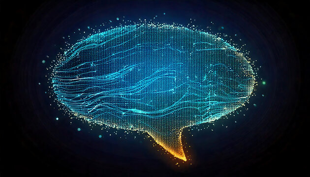 Stunning abstract speech bubble formed from glowing particles and flowing lines. Perfect for tech, communication, or AI concepts. Ideal for website banners, presentations, and social media.