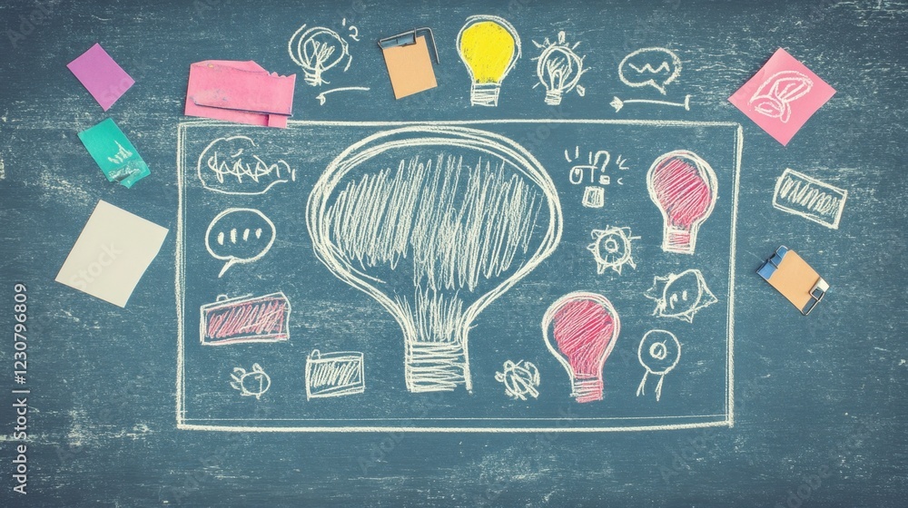 Poster a mind-mapping project board with creative brainstorming elements on a textured blue background.