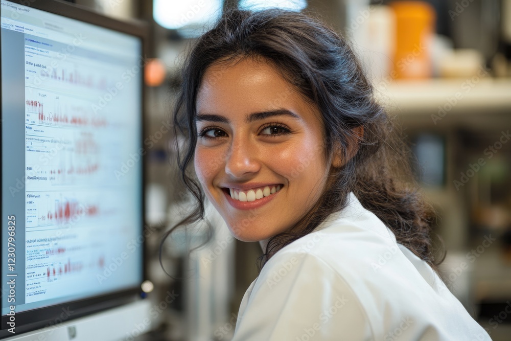 Poster a smiling female scientist looks over her shoulder while reviewing data on a computer screen.