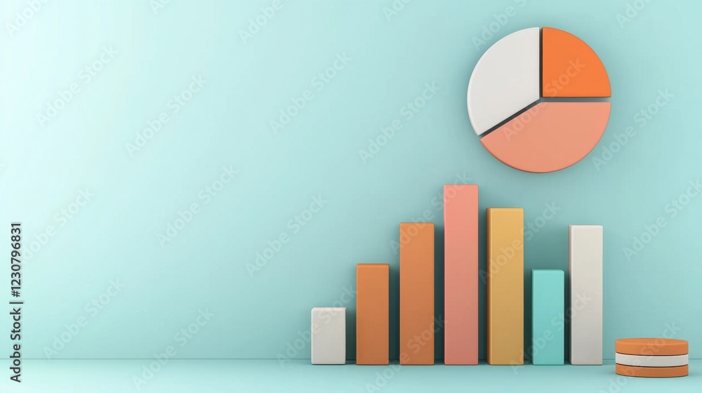 Poster Pastel Colored Bar and Pie Charts on Mint Background Showing Business Analytics and Data Visualization